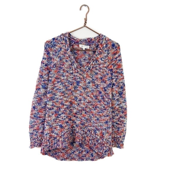 Lou & Grey Loft Red Blue Chunky Knit V Neck Sweater Wool Blend Womens Small - Picture 2 of 6